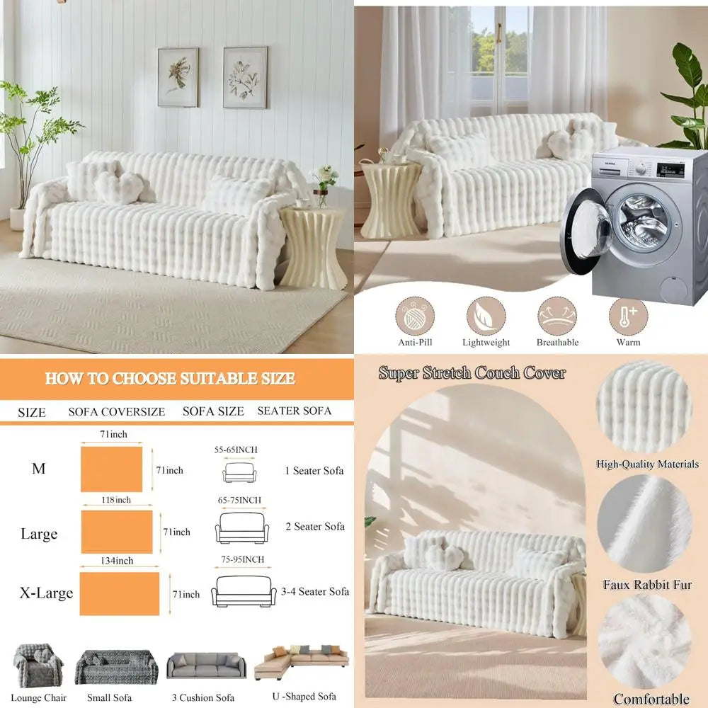 3D Bubble Mat Faux Fur Couch Cover, Plush Faux Rabbit Fur Sofa Cover, L-Shaped Sofa Slipcovers for Home Decor and Pet Protection