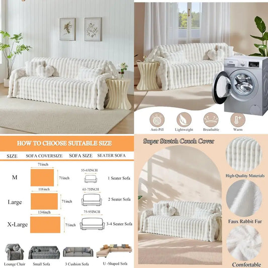3D Bubble Mat Faux Fur Couch Cover, Plush Faux Rabbit Fur Sofa Cover, L-Shaped Sofa Slipcovers for Home Decor and Pet Protection