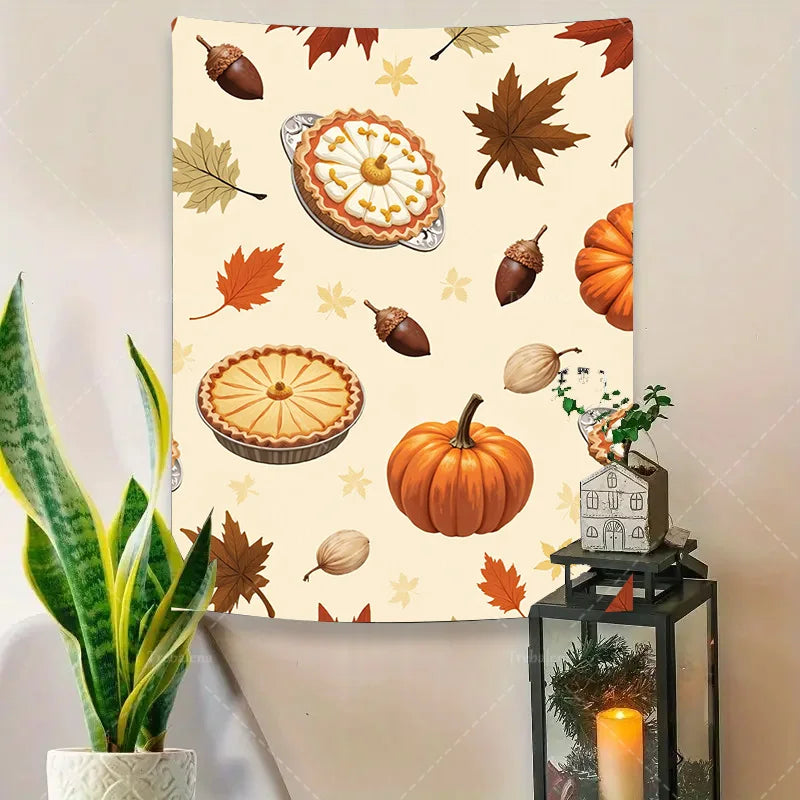 1pc Wall Tapestry Autumn Harvest Tapestry with Pumpkins, Pies & Leaves for Fall Decor