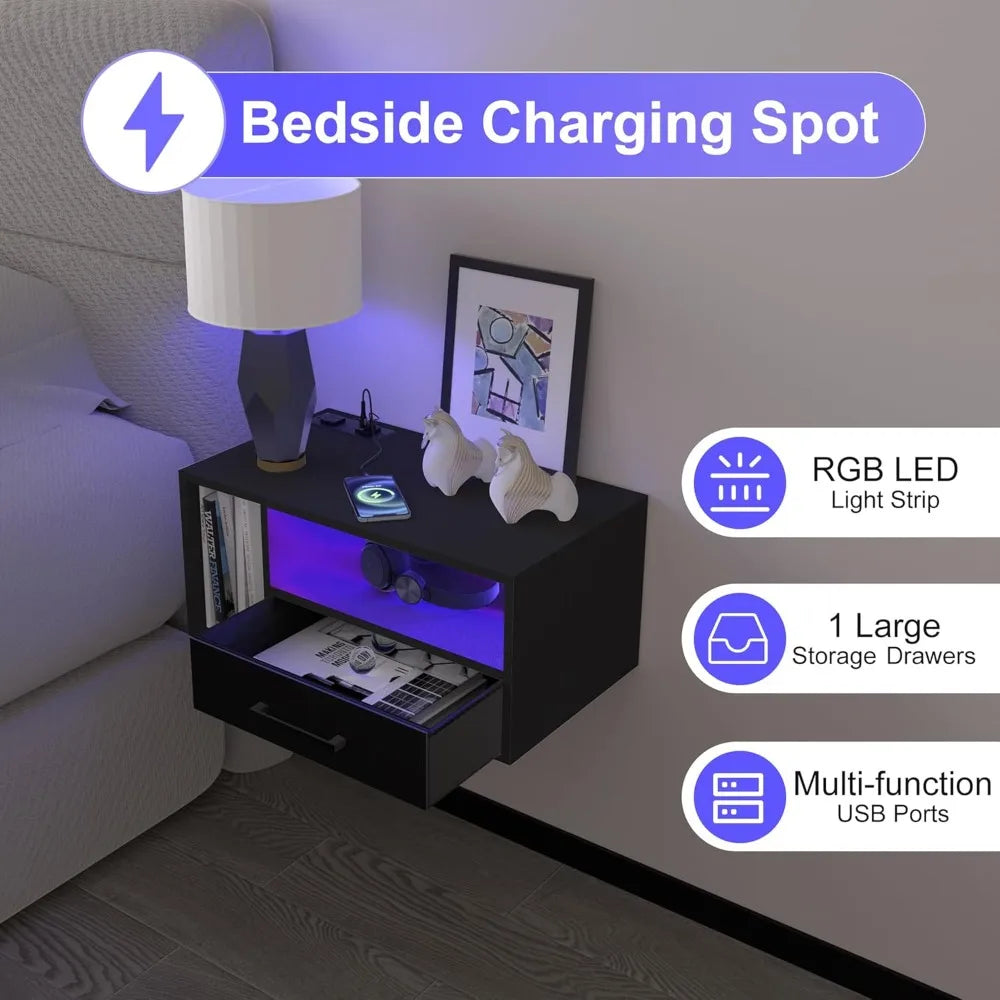 Wall-Mounted LED Lighted Charging Station Nightstand with Drawers for Bedroom