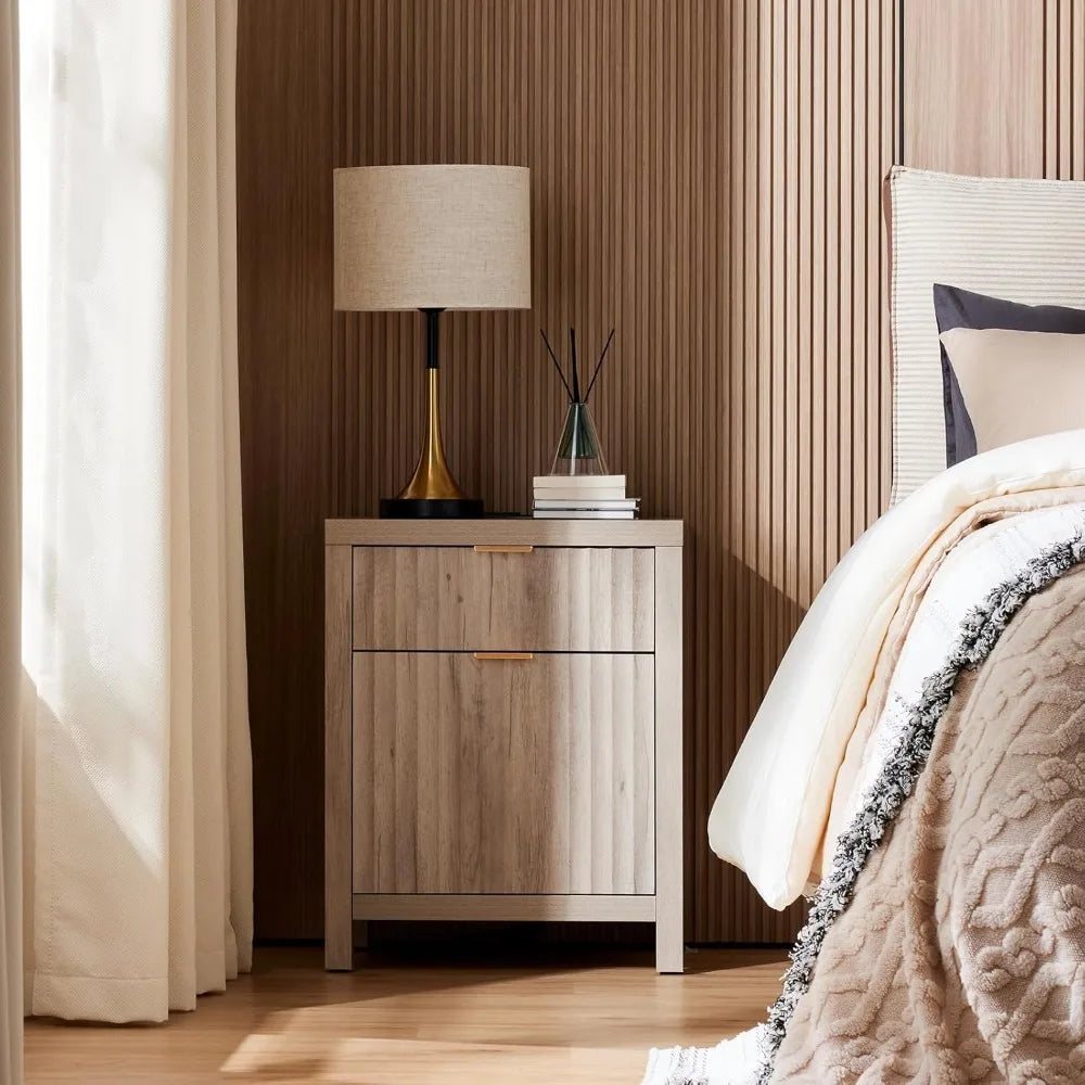 pair of modern fluted nightstands with charging ports, contemporary 2-drawer side tables for bedroom