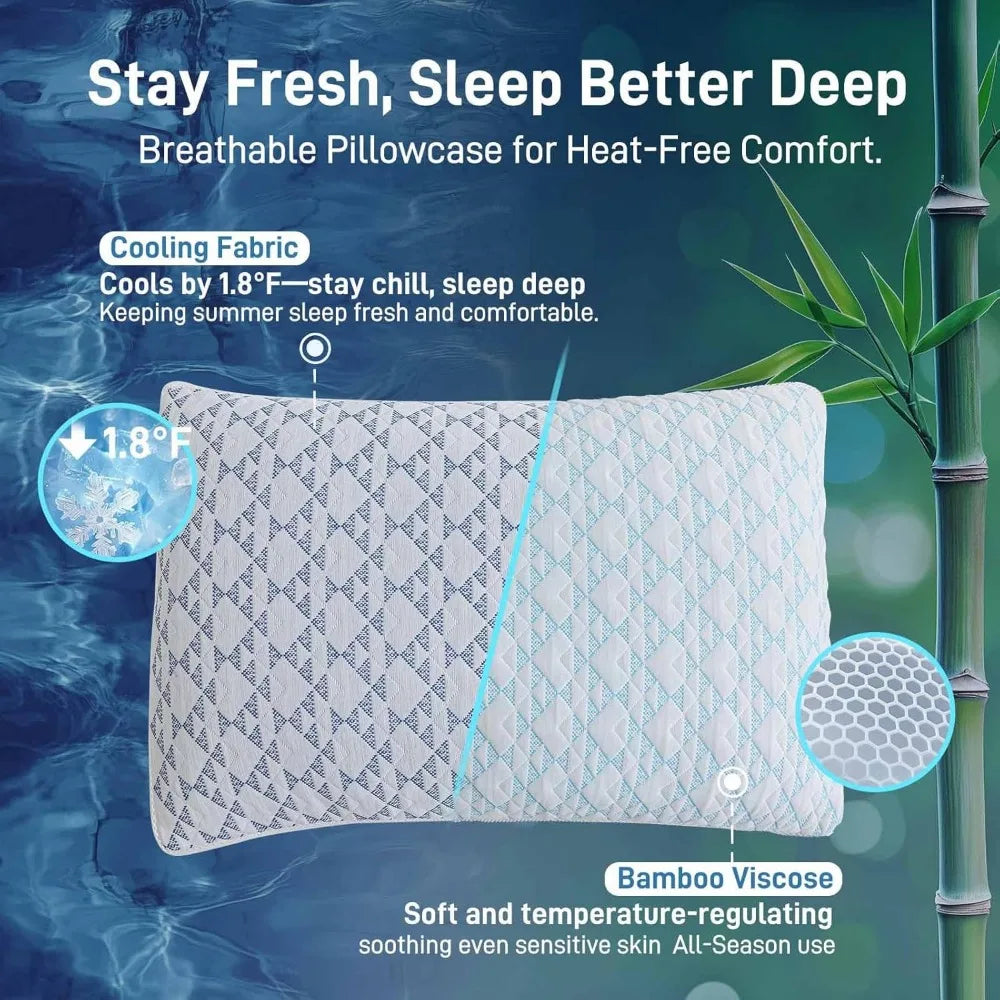 Shredded Memory Foam Cooling Soft Bamboo Viscose Pillows Queen Size Set of 2, Adjustable Hypoallergenic Hotel Quality Bed Pillow