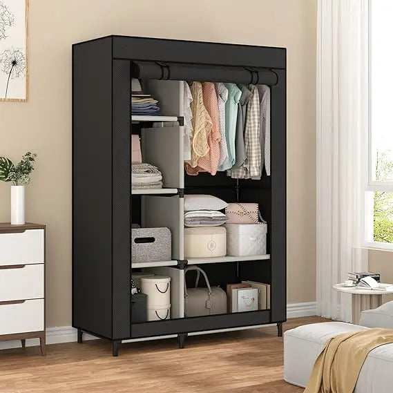 Calmootey Portable Closet Organizers, Clothing Storage, Wardrobe with 6 Shelves and Hanging Rod, Non-Woven Fabric Cover with 4 S