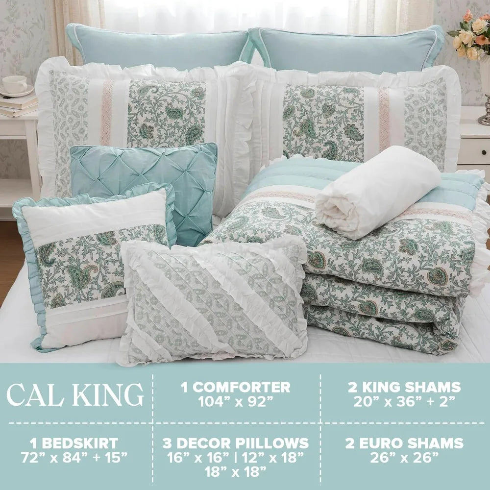 Cotton Shabby Chic Comforter Set - Modern Cottage Style All Season Bedding with Matching Sham