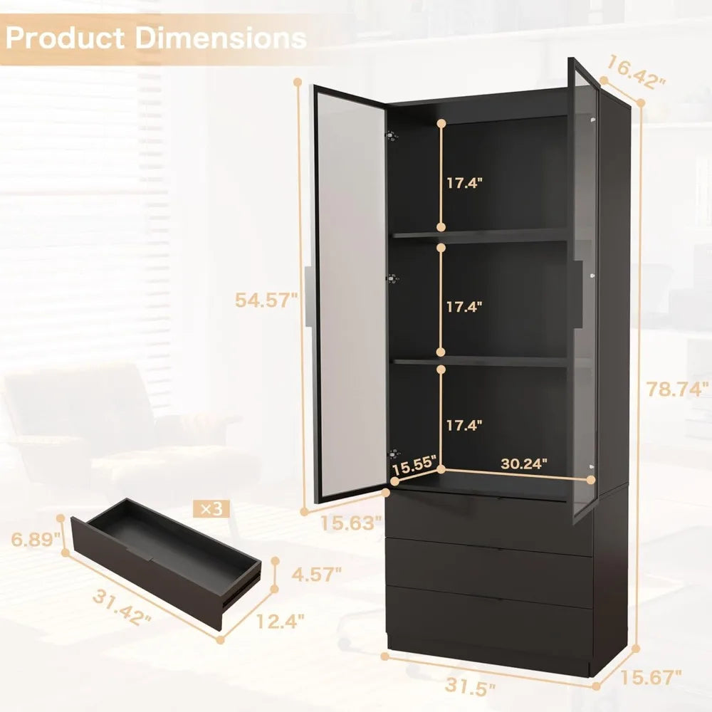Black Bookcase with Glass Doors: 79" Display Cabinet with Glass Doors and Lights, Tall Bookcase with 2 Door, Wooden Display Stor