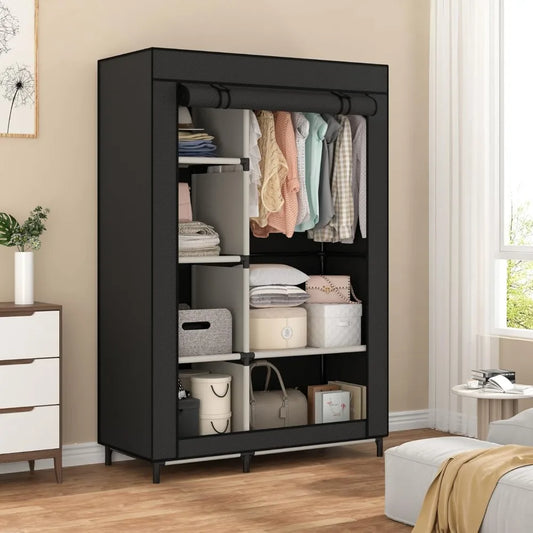 Calmootey Portable Closet Organizers, Clothing Storage, Wardrobe with 6 Shelves and Hanging Rod, Non-Woven Fabric Cover with 4 S