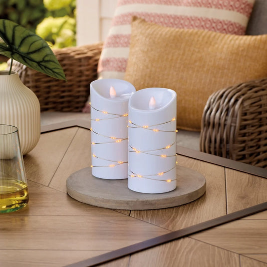 2PK Flameless LED Pillar Candles with Metal Wire String Light 3x6 Inch Safe Indoor Outdoor Decoration Warm Atmosphere