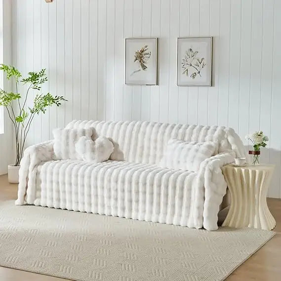 3D Bubble Mat Faux Fur Couch Cover, Plush Faux Rabbit Fur Sofa Cover, L-Shaped Sofa Slipcovers for Home Decor and Pet Protection