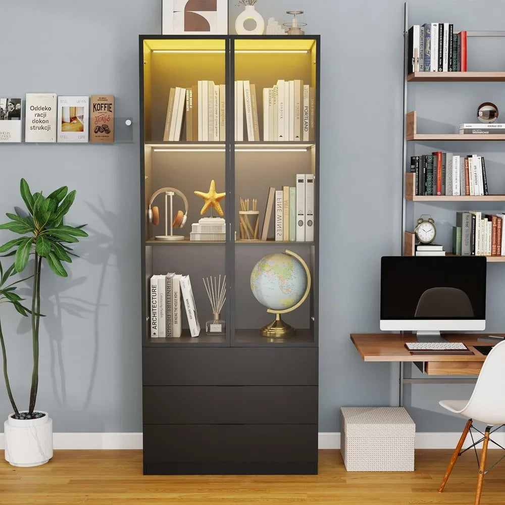 Black Bookcase with Glass Doors: 79" Display Cabinet with Glass Doors and Lights, Tall Bookcase with 2 Door, Wooden Display Stor