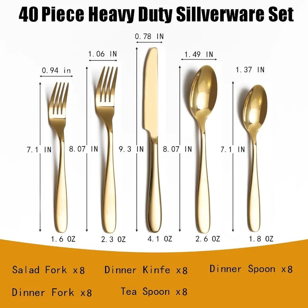 8-Person Stainless Steel Flatware Set, 40-Piece Elegant Tableware Cutlery with Mirror Finish