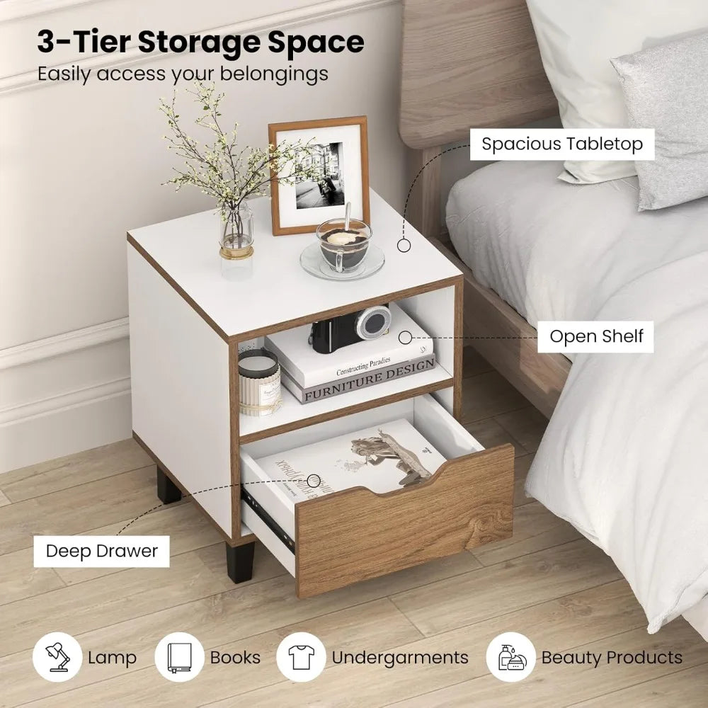 Mid Century Modern Nightstands - Set of 2, Wooden Bedside Tables with Drawer and Open Shelf, 3-Tier Design