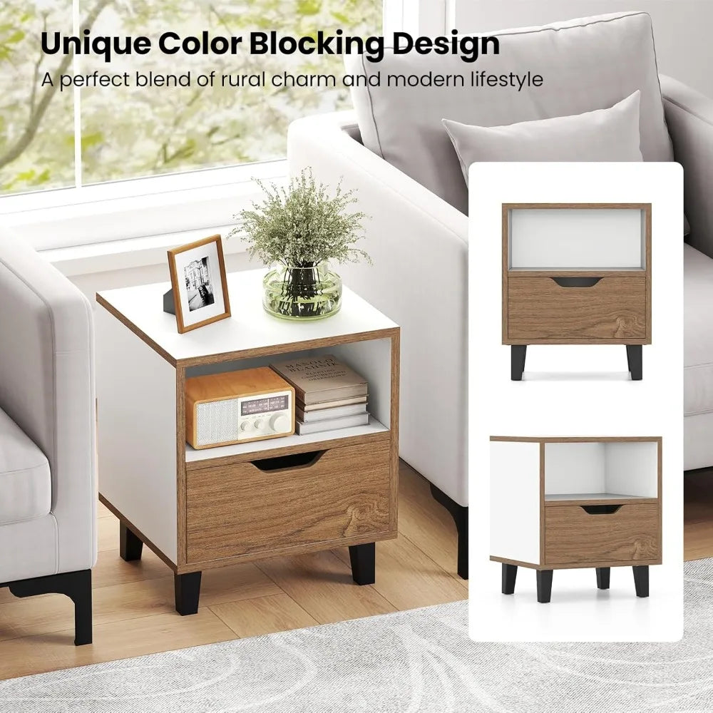 Mid Century Modern Nightstands - Set of 2, Wooden Bedside Tables with Drawer and Open Shelf, 3-Tier Design