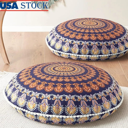 Large Meditation Floor Pillows Set of 2 Memory Foam Cushions Round Bohemian Mandala Inserts Comfortable Outdoor Yoga Seating