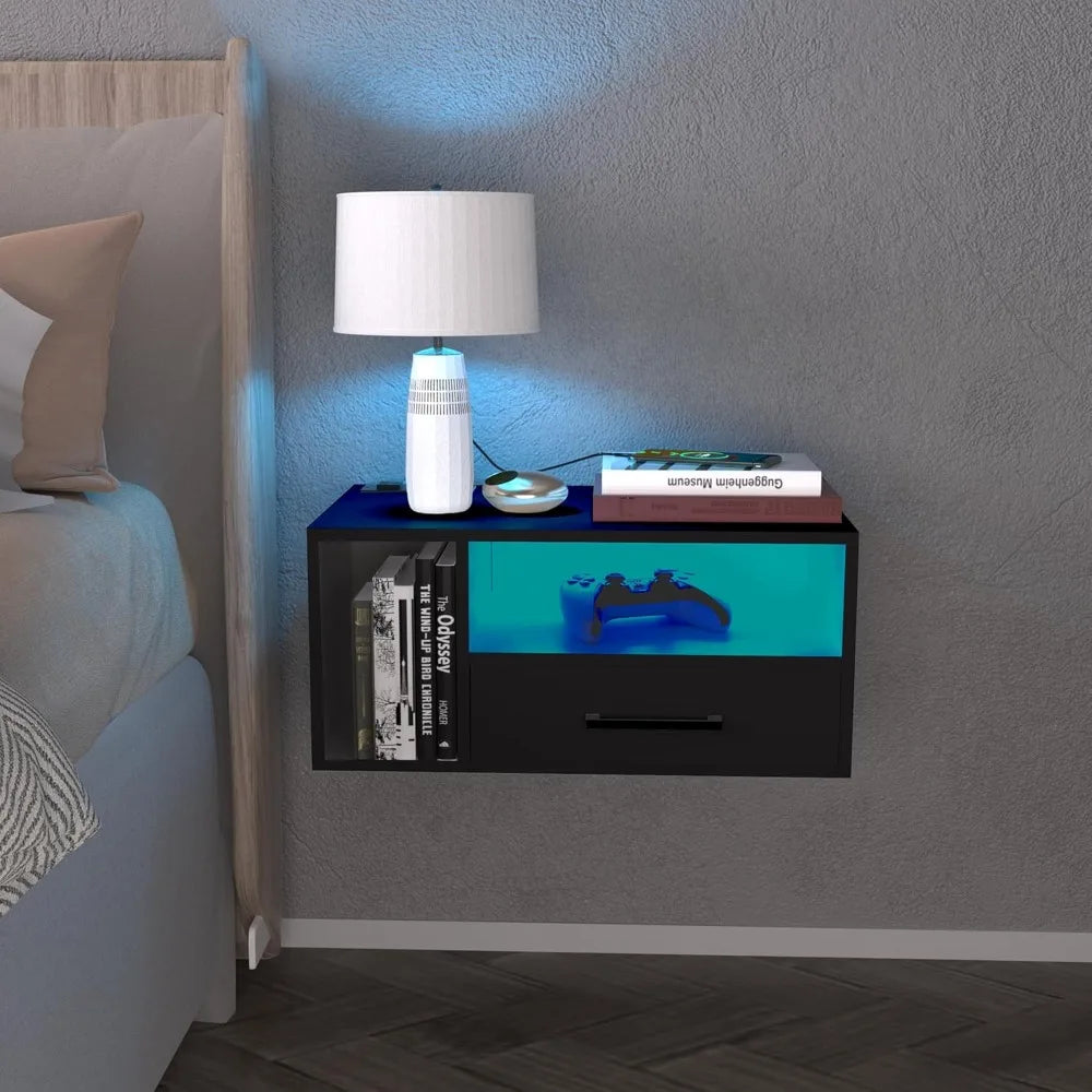 Wall-Mounted LED Lighted Charging Station Nightstand with Drawers for Bedroom