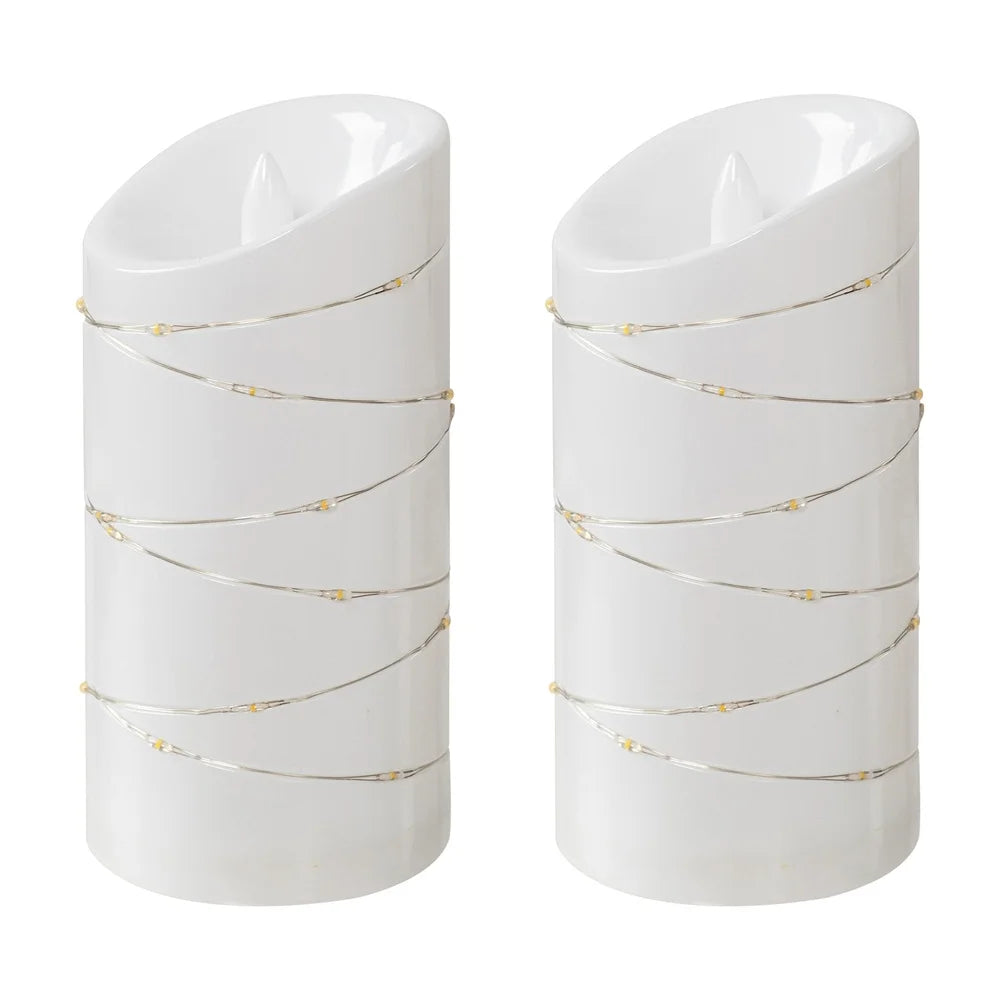 2PK Flameless LED Pillar Candles with Metal Wire String Light 3x6 Inch Safe Indoor Outdoor Decoration Warm Atmosphere