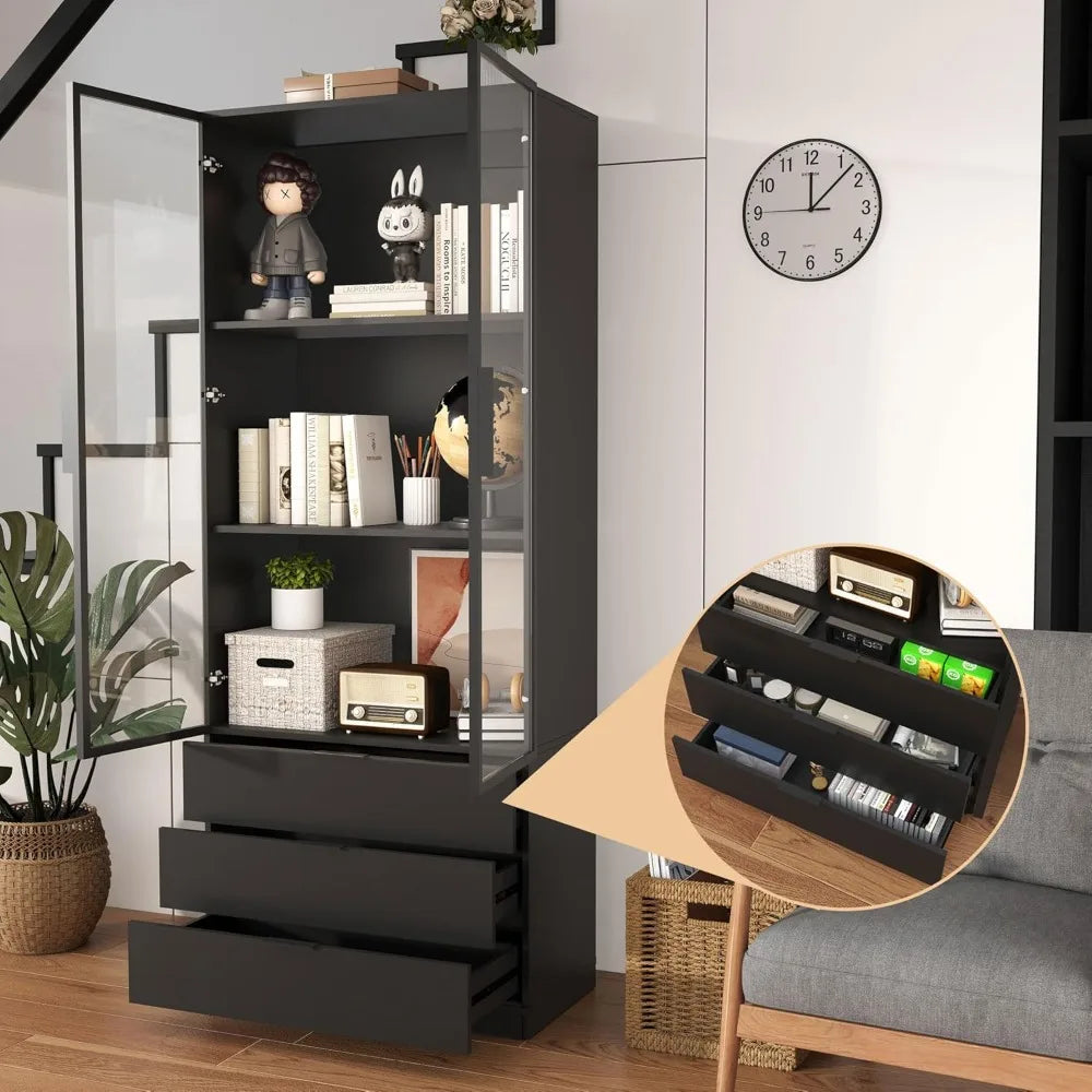 Black Bookcase with Glass Doors: 79" Display Cabinet with Glass Doors and Lights, Tall Bookcase with 2 Door, Wooden Display Stor