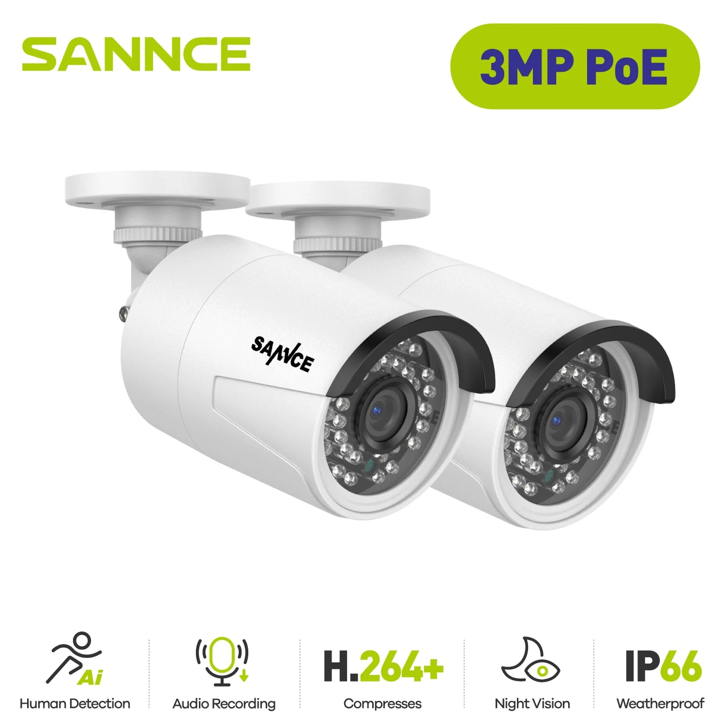 SANNCE 2PCS Ultra HD 3MP POE Camera Outdoor Indoor Weatherproof Security Network Bullet EXIR Night Vision Email Alert Camera Kit