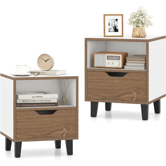 Mid Century Modern Nightstands - Set of 2, Wooden Bedside Tables with Drawer and Open Shelf, 3-Tier Design