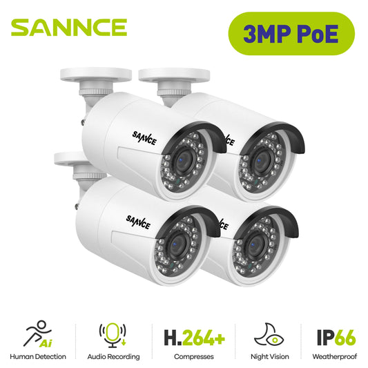 SANNCE 2PCS Ultra HD 3MP POE Camera Outdoor Indoor Weatherproof Security Network Bullet EXIR Night Vision Email Alert Camera Kit
